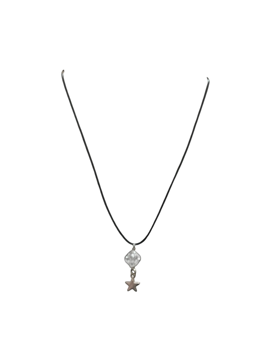Silver Star Pendant Necklace Black Cord Pendant Boho Geometric Textured Charm